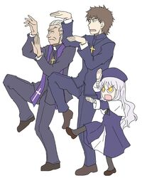  2boys age_difference brown_hair caren_hortensia caren_ortensia child closed_eyes cross fate/stay_night fate/zero fate_(series) father_and_daughter father_and_son grandfather_and_granddaughter hat highres kairakuen_umenoka kotomine_kirei kotomine_risei long_hair multiple_boys old_man parody priest short_hair silver_hair thriller tougall yellow_eyes yotsubato! yotsubato!_pose young 