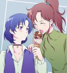 bishoujo_senshi_sailor_moon blue_hair blush brown_hair choker closed_eyes eyes_closed food ice_cream kino_makoto mizuno_ami multiple_girls panmi ponytail purple_eyes short_hair violet_eyes 