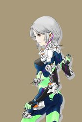  absurdres bodysuit earphones highres ill_(pixiv3261317) mecha_musume original red_eyes short_hair silver_hair simple_background solo 