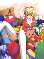  1girl blonde_hair box christmas gloves hand_on_own_head hat hozumi_isatsu open_mouth original ribbon sack santa_costume santa_hat solo stuffed_animal stuffed_toy thigh-highs violet_eyes white_legwear wince 
