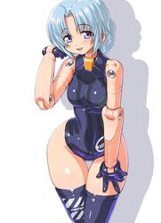  bare_shoulders blue_hair blue_legwear blush braid busou_shinki dd_(artist) doll_joints fort_bragg fort_bragg_dusk gloves hips open_mouth purple_eyes shadow short_hair single_braid smile solo thigh-highs thigh_gap thighhighs thighs violet_eyes wide_hips 