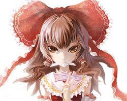  absurdres bad_id bare_shoulders between_fingers bow brown_eyes brown_hair bust colored_eyelashes detached_sleeves face hair_bow hair_ribbon hair_tubes hakurei_reimu highres looking_at_viewer madyy miko motion_blur ofuda ribbon simple_background solo touhou tsurime 