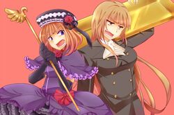  ascot bow breasts brown_eyes brown_hair capelet dress elbow_gloves eva_beatrice flower fuji_meno gloves gold hat long_hair multiple_girls open_mouth orange_hair purple_eyes red_rose ribbon rose simple_background staff umineko_no_naku_koro_ni ushiromiya_rosa violet_eyes 