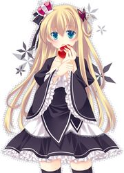  apple black_legwear blonde_hair blue_eyes blush butterfly_hair_ornament collarbone colored_eyelashes crown dress food fruit hair_ornament hair_ribbon holding holding_apple holding_fruit long_hair long_sleeves mini_crown open_mouth original ribbon simple_background solo takase_kanan thigh-highs thighhighs wide_sleeves 