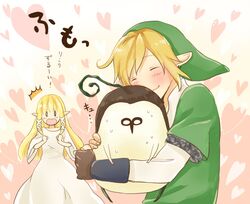  blush dress earrings gloves hat hug jealous jewelry karuri kikwi link long_hair machi nintendo pointy_ears princess_zelda skyward_sword smile sweat the_legend_of_zelda 
