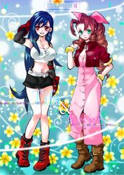  2girls aerith_gainsborough black_hair bolero boots bracelet breasts brown_hair character_name curly_hair dissidia_012_final_fantasy dissidia_final_fantasy dress final_fantasy final_fantasy_vii gloves green_eyes hair_ribbon hand_on_hip hips jewelry long_hair multiple_girls ponytail red_eyes ribbon shoes skirt smile tifa_lockhart title_drop yamasaki_ikari 