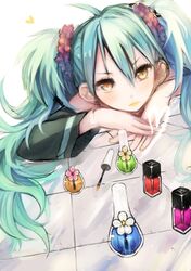  aqua_hair bottle cosmetics cua hatsune_miku lying nail_polish nail_polish_bottle solo twintails vocaloid yellow_eyes 