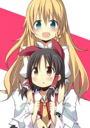  2girls amaa_(chou_dennou_jidai) ascot blonde_hair blue_eyes blush brown_eyes brown_hair detached_sleeves fang hair_tubes hakurei_reimu kirisame_marisa long_hair multiple_girls no_hat no_headwear open_mouth payot touhou young 