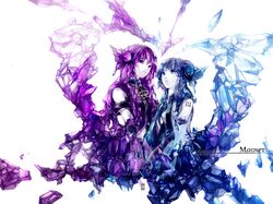  2girls blue_eyes blue_hair butterfly_hair_ornament crystal hair_ornament hatsune_miku magnet_(vocaloid) megurine_luka multiple_girls oxalicacid purple_hair violet_eyes vocaloid 