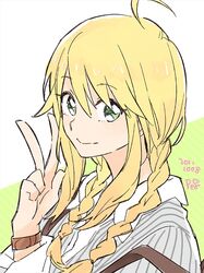  alternate_hairstyle blonde_hair braid green_eyes hoshii_miki idolmaster peg solo twin_braids v 
