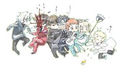 1girl 6+boys anger_vein blood carnival_phantasm chibi emiya_kiritsugu emiya_shirou facial_hair fate/stay_night fate/zero fate_(series) flat_gaze gilgamesh kicking kotomine_kirei maid matou_kariya multiple_boys ri_(6916) saber shaded_face spitting stubble time_paradox tohsaka_tokiomi toosaka_tokiomi translated wine worms 
