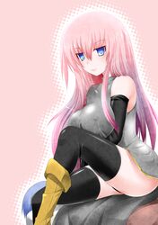  1girl black_gloves black_panties blue_eyes blue_hair boots breasts catstudio_(artist) dress elbow_gloves gloves grey_dress human_chair human_furniture kaito large_breasts long_hair megurine_luka panties pants pink_hair shirt short_hair sitting sitting_on_person sleeveless sleeveless_dress smile thigh-highs thighhighs underwear vocaloid 