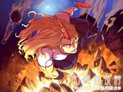  ame_nooto blonde_hair dodging exploding explosion fighting fingernails horn hoshiguma_yuugi long_fingernails long_hair long_nails manly moon muscle night not_even_drop oni red_eyes rock sake smile solo touhou 