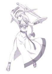 1girl braid long_hair monochrome shield simple_background solo sumaki_shungo sword weapon white_background 