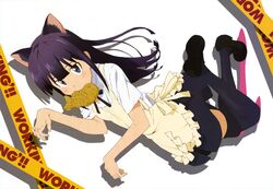  absurdres animal_ears apron black_hair black_legwear food highres long_hair mouth_hold nyantype official_art paw_pose solo taiyaki thigh-highs thighhighs wagashi waitress working!! yamada_aoi zettai_ryouiki 
