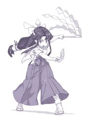  1girl gohei japanese_clothes long_hair miko monochrome open_mouth simple_background solo sumaki_shungo white_background 