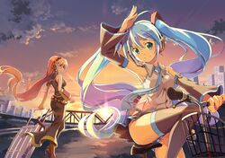  aqua_eyes aqua_hair armpits bare_shoulders beek bicycle black_legwear detached_sleeves hatsune_miku headset long_hair looking_at_viewer looking_back megurine_luka mukashi_mukashi_no_kyou_no_boku multiple_girls panties pantyshot pink_eyes pink_hair smile striped striped_panties suitcase sunbeam sunlight sunset thigh-highs thighhighs twintails underwear very_long_hair vocaloid 