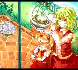  arms_up ascot bad_id blonde_hair fence flandre_scarlet flower_pot green_hair inobesion kazami_yuuka kotarou_(rakugaki_shirushi) letterboxed multiple_girls parasol plaid plaid_skirt plaid_vest plant potted_plant red_eyes shirt short_hair side_ponytail skirt skirt_set smile touhou umbrella vest wrist_cuffs wrist_ribbon youkai 