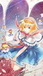  1girl alice_margatroid aqua_eyes arch blonde_hair book bow capelet dress flying hair_bow headband highres jewelry legs_up long_hair looking_at_viewer open_book parted_lips petals puppet_strings ribbon ring sash shanghai_doll shiyun short_hair sky solo star_(sky) starry_sky touhou 