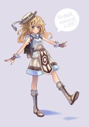 backpack bag bangs bare_shoulders belt blonde_hair blush boots brown_eyes female fingerless_gloves flat_chest gloves hat long_hair okishi_jien okishiji_en outstretched_arms ragnarok_online randoseru shorts solo speech_bubble standing_on_one_leg super_novice 