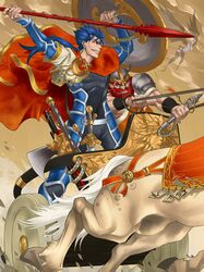 alba axe beard blue_hair cape celt celtic character_request chariot dwarf earrings facial_hair fate/stay_night fate_(series) gae_bolg harpy horns horse irish_mythology jewelry laeg lancer long_hair male multiple_boys polearm ponytail red_eyes runes shield spear weapon 