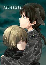  animal_ears blonde_hair brown_eyes brown_hair closed_eyes erica_hartmann eyes_closed gertrud_barkhorn hug itsuki_kuro looking_up military military_uniform multiple_girls rain short_hair strike_witches twintails uniform wet wet_clothes 