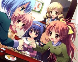 :3 akemi_homura alternate_costume apron black_hair blonde_hair blue_eyes blue_hair blush bow bowl casual charlotte_(madoka_magica) chopsticks drill_hair eating food hair_bow hairband kaname_madoka kyubey mahou_shoujo_madoka_magica miki_sayaka multiple_girls obentou open_mouth osechi pink_eyes pink_hair plate purple_eyes red_eyes red_hair sakura_kyouko shiramori_yuse shirt smile sweater table tomoe_mami twin_drills twintails yellow_eyes yuse 
