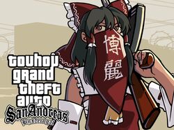 ak-74 assault_rifle black_hair brown_eyes english grand_theft_auto gun hakurei_reimu left-handed nerugal parody ribbon rifle touhou weapon 