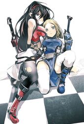  bare_shoulders black_hair blonde_hair boots breast_press breasts genderswap guilty_gear hair_over_one_eye highres ky_kiske kyko long_hair multiple_girls sol_badgal sol_badguy thigh-highs thighhighs torn_thighhighs yunar 
