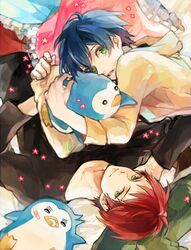  animal bird blue_hair green_eyes lupicam lying male mawaru_penguindrum multiple_boys penguin penguin_1-gou penguin_2-gou red_hair redhead takakura_kanba takakura_shouma 