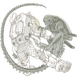  alien_(movie) astronaut kusagami_style monochrome simple_background sketch spacesuit spot_color white_background xenomorph 