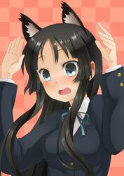 1girl akiyama_mio animal_ears black_eyes black_hair blush cat_ears female k-on! long_hair open_mouth school_uniform solo