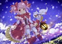  bell bell_collar blue_sky bow broom broom_riding capelet city_lights collar dress hair_bow kaname_madoka kyubey lamp mahou_shoujo_madoka_magica payot pink_dress pink_eyes pink_hair skirt sky smile snowing twintails wataame27 