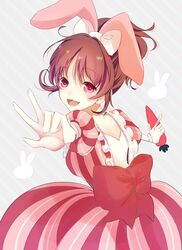  1girl abe_nana animal_ears bow brown_eyes brown_hair carrot dress hair_bow idolmaster idolmaster_cinderella_girls ponytail rabbit_ears umesuki 