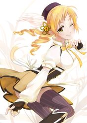  blonde_hair breasts drill_hair fingerless_gloves gloves hair_ornament hairclip hat hooko magical_girl mahou_shoujo_madoka_magica ribbon skirt solo thigh-highs thighhighs tomoe_mami twintails wink yellow_eyes 