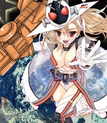  belt breasts brown_hair cleavage earth female genderswap hat kamen_rider kamen_rider_fourze kamen_rider_fourze_(series) large_breasts open_mouth personification red_eyes ribbon rider-tan rocket see-through shisaki_tayu smile solo space star 