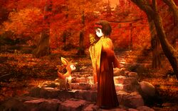  autumn back brown_eyes deerling erika_(pokemon) forest gym_leader hairband headband japanese_clothes kimono nature orange_(color) pokemon pokemon_(game) pokemon_frlg pokemon_gsc pokemon_rgby red_eyes ribero short_hair sunset torii tower tree 