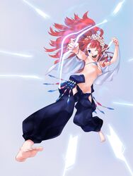  armpits barefoot blue_eyes bow bow_(weapon) energy flower hakama headdress hooko japanese_clothes long_hair midriff navel open_mouth original pointy_ears ponytail red_hair redhead smile solo weapon wink 