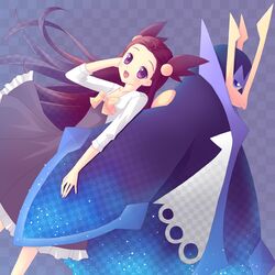  1girl bird blue_eyes blush brown_hair dress empoleon gym_leader hair_ornament hat long_hair mikan_(pokemon) pokemon purple_eyes twintails violet_eyes 