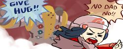  1girl =_= blue_hair english hat hikari_(pokemon) hikari_(pokemon)_(remake) incoming_hug long_hair persona_(artist) pokemon regigigas scarf 
