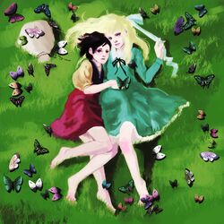  adelheid_'heidi' alps_no_shoujo_heidi barefoot blonde_hair blue_dress bow butterfly dress grass hair_bow hair_ribbon hand_holding heidi holding_hands klara_sesemann lying multiple_girls ribbon world_masterpiece_theater ymd_(artist) 