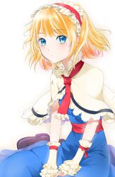 alice_margatroid blonde_hair blue_eyes capelet dress frills hairband sash short_hair sitting solo touhou wariza wrist_cuffs yamada_ranga 