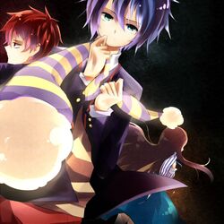  2boys bad_id blue_hair brown_hair green_eyes long_hair mawaru_penguindrum multiple_boys red_hair redhead scarf school_uniform short_hair takakura_himari takakura_kanba takakura_shouma yuri11108 