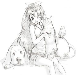  ;d aouma blush dog earrings fang ganaha_hibiki graphite_(medium) highres idolmaster jewelry long_hair monochrome open_mouth shorts smile traditional_media very_long_hair wink 