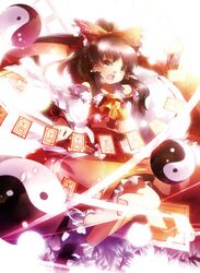  aquamarine ascot blush bow brown_eyes brown_hair danmaku detached_sleeves hair_bow hair_tubes hakurei_reimu long_hair miko ofuda open_mouth ribbon skirt solo talisman touhou yin_yang 