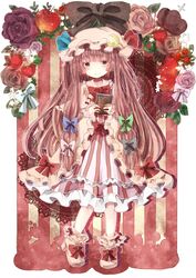  apple black_ribbon blue_ribbon book crescent dress flower food frills fruit hair_ribbon hat hat_ribbon holding holding_apple holding_book holding_fruit jaku_sono long_hair patchouli_knowledge purple_eyes purple_hair red_ribbon ribbon rose shoes smile solo strawberry striped touhou violet_eyes white_ribbon 