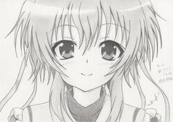 background_text bad_id hair_between_eyes highres light_smile long_hair mashiroiro_symphony monochrome smile solo traditional_media uryuu_sakuno whick_(mywhite) 