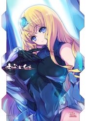  akaga_hirotaka bangs bare_shoulders blonde_hair blue_eyes blue_tears bodysuit breasts cecilia_alcott curly_hair detached_sleeves hairband hand_on_own_chest infinite_stratos large_breasts long_hair looking_at_viewer mecha_musume navel pilot_suit solo very_long_hair 