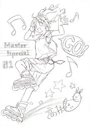  aouma highres idolmaster inline_skates monochrome musical_note roller_skates skates solo takatsuki_yayoi 