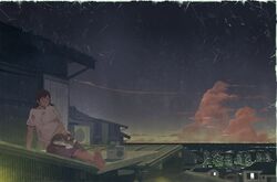  air_conditioner barefoot black_hair brown_eyes building cat chinese_clothes city city_lights cityscape dark house night original radio rooftop scenery shiira shooting_star short_twintails shorts sitting sky smile star_(sky) starry_sky twintails 